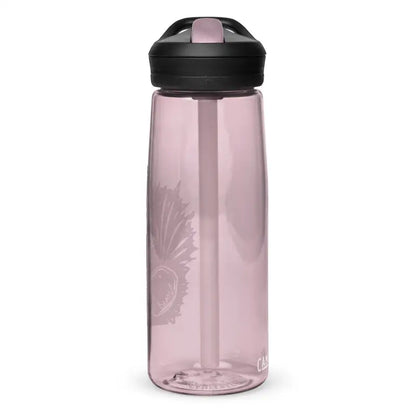 Pink translucent water bottle with black flip-top lid for Kitty Head Sports hydration