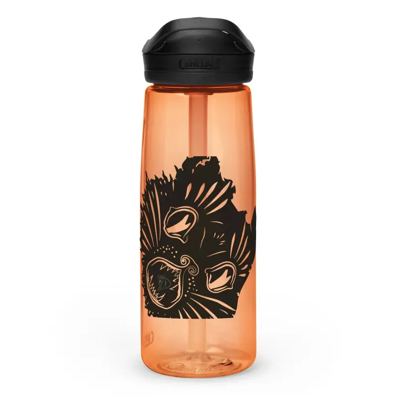 Orange translucent water bottle with black lid and floral design for Kitty Head Sports