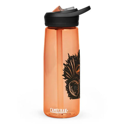 Orange translucent CamelBak water bottle with black cap in Kitty Head Sports design