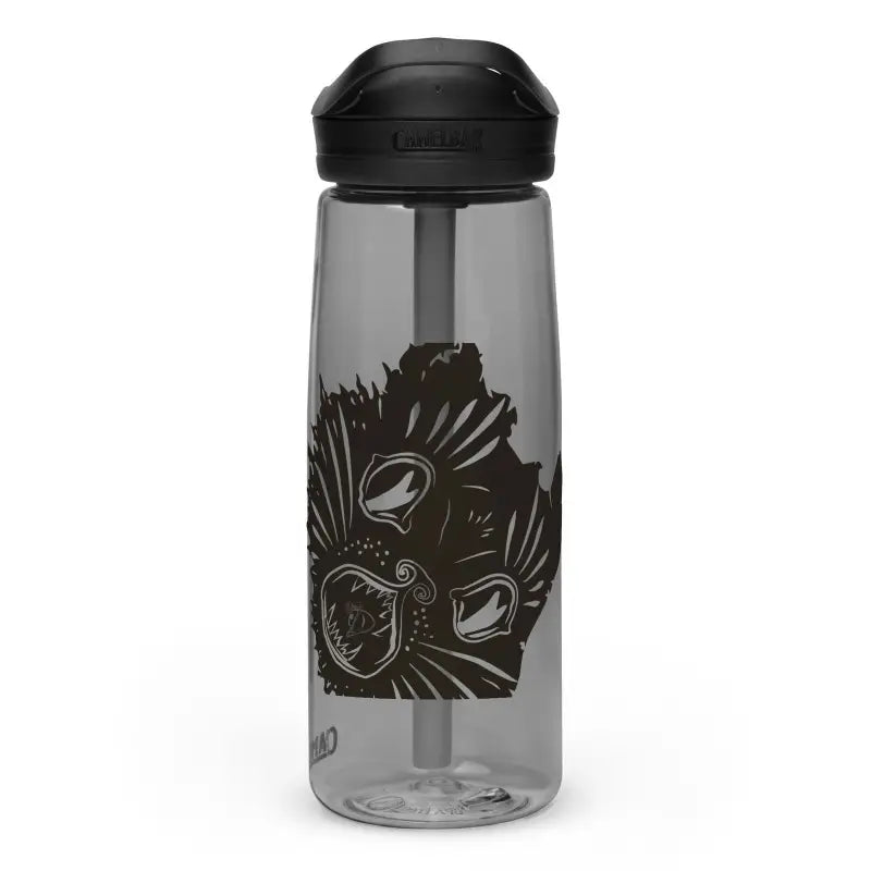 Clear plastic sports water bottle with black lid and dark decorative wing design