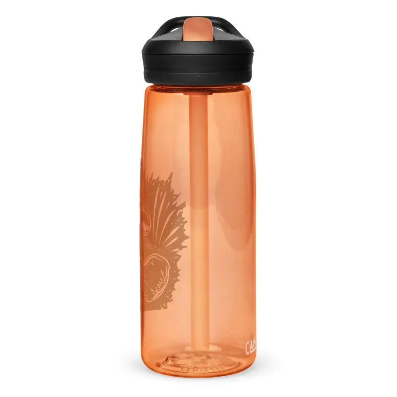 Orange translucent water bottle with black flip-top lid for Kitty Head Sports