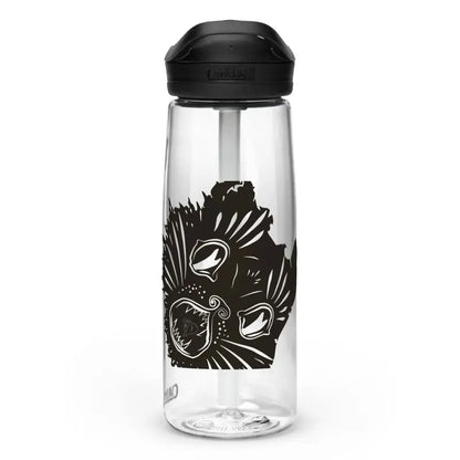 Clear water bottle with black lid and feather design, part of Kitty Head Sports Water collection