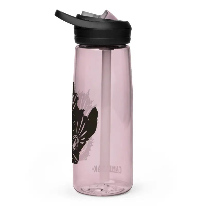 Pink transparent water bottle with black floral design, perfect for the Kitty Head Sports collection