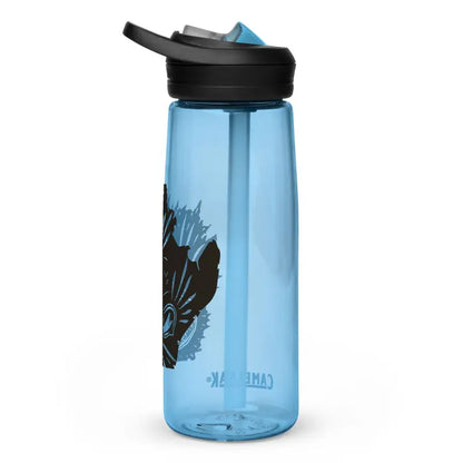 Light blue transparent water bottle with black lid, part of Kitty Head Sports collection