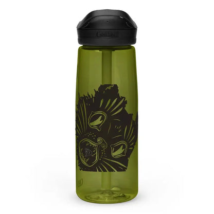 Olive-green sports water bottle with black lid and bird design from Eerie Elegance