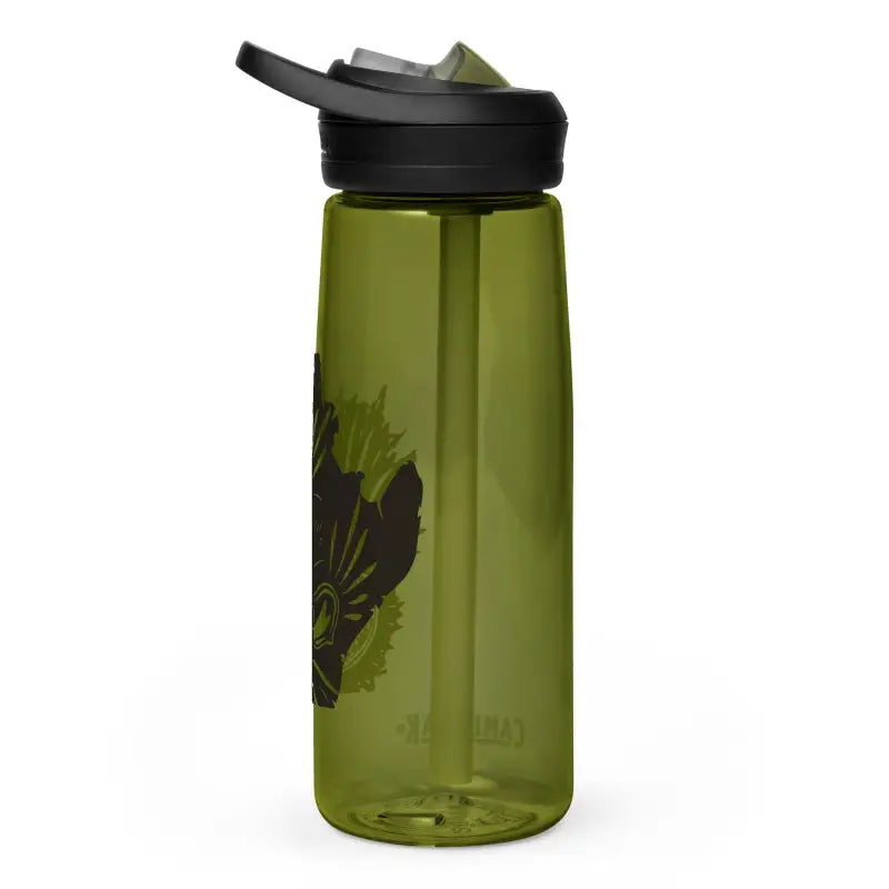 Olive green water bottle with black flip-top lid and leaf design for Kitty Head Sports