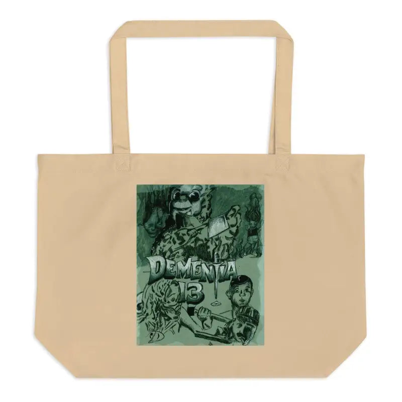 Tan illustrated tote bag featuring green horror artwork and Dementia 13 text design