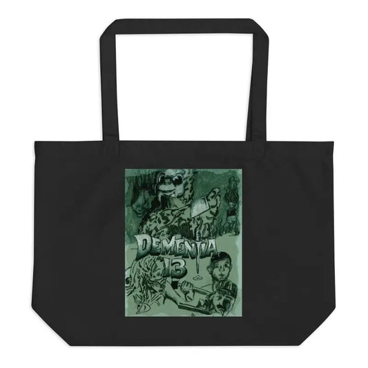 Black illustrated tote bag featuring a green horror graphic design with the word Dementia