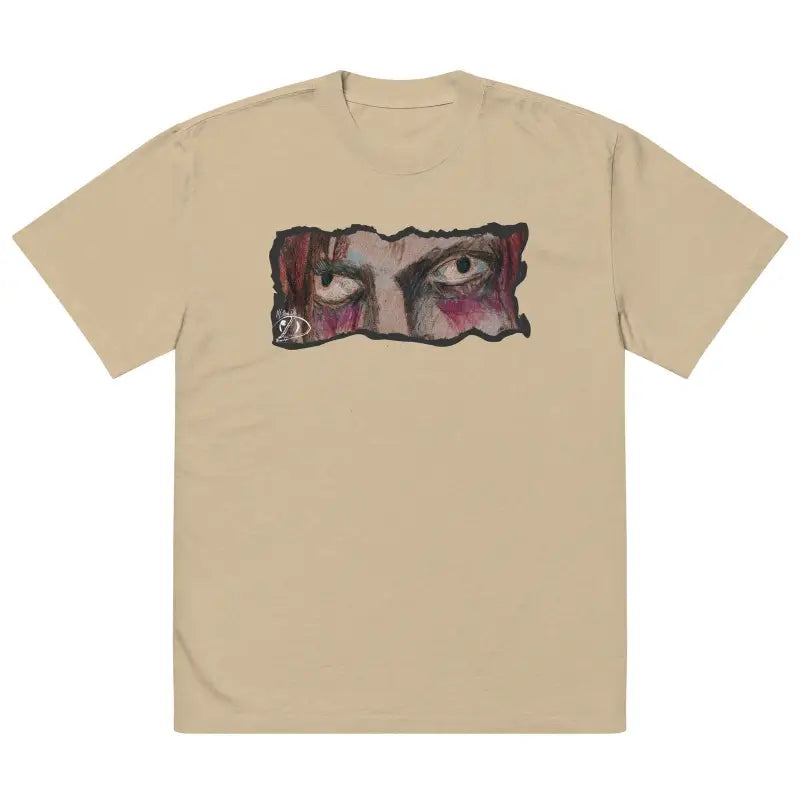 Beige oversized cotton unisex faded t-shirt with artistic eye graphic design