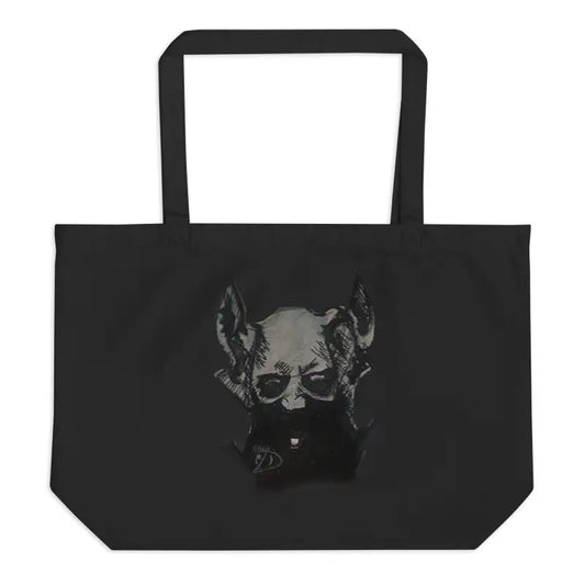 Black organic cotton tote bag with a graphic print from Eldritch Haul, spacious and stylish