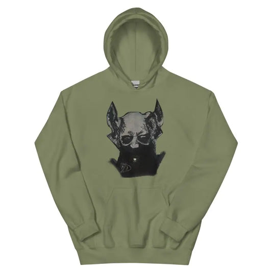 Olive green hoodie featuring a haunting black-and-white sketch of a sinister demonic figure