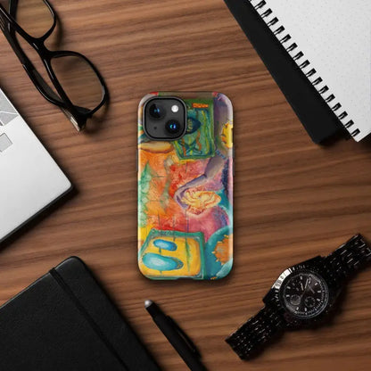 Colorful abstract art phone case featuring swirling orange, green, blue, and pink patterns