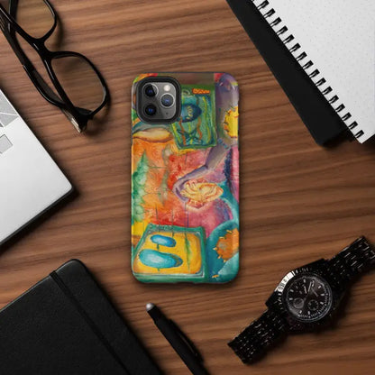 Colorful abstract art phone case featuring swirling green, orange, and blue patterns