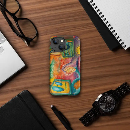 Colorful abstract art phone case featuring swirling orange, blue, green, and pink patterns