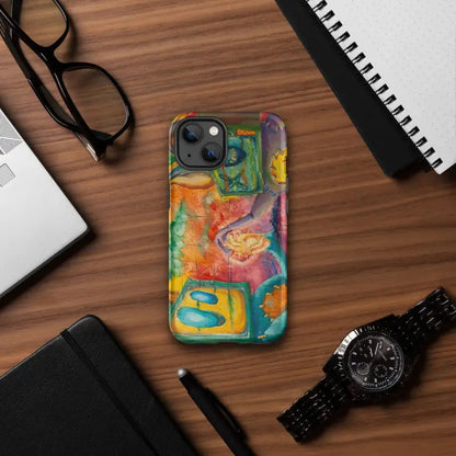 Colorful abstract art phone case featuring vibrant orange, green, blue, and yellow swirls