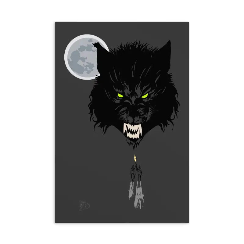 Menacing black wolf head with glowing yellow eyes on high-quality matte postcard