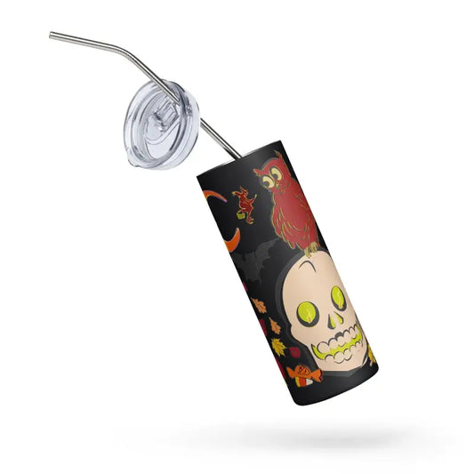 Black energy drink can featuring skull and flame design beside Owl Stainless Steel Tumbler