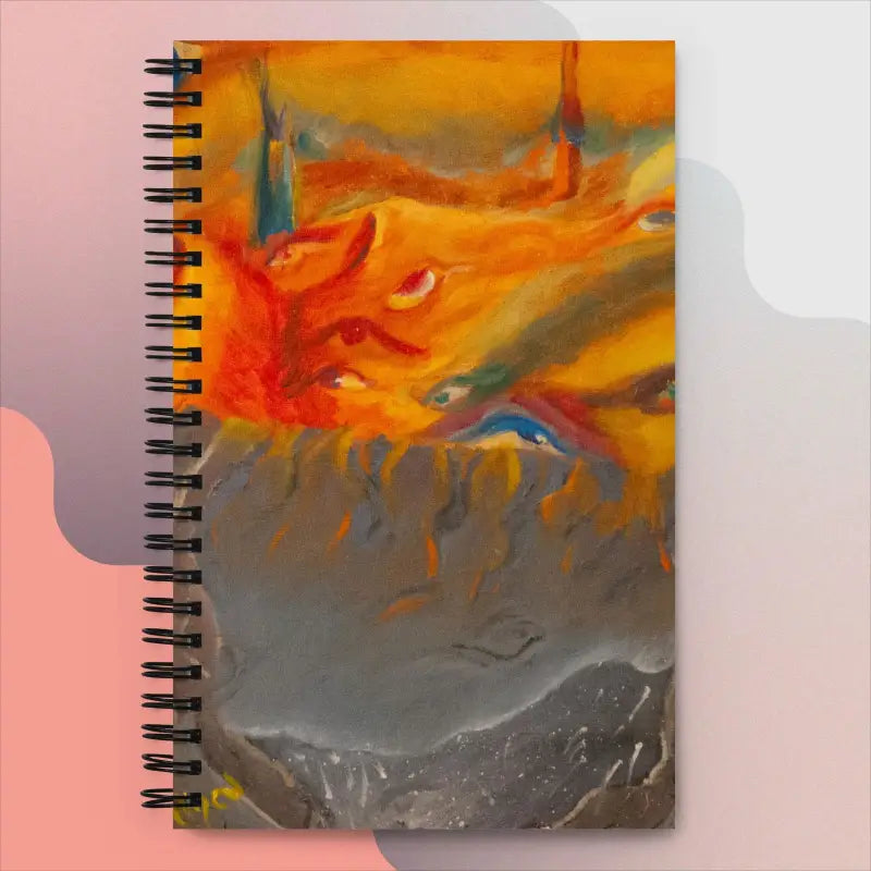 Spiral notebook featuring abstract orange and gray art design, Above the Shadows collection