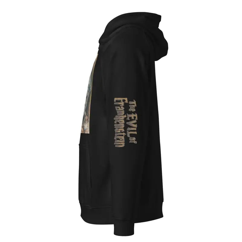 Black hooded sweatshirt featuring text on the side, ideal Halloween unisex eco cotton-blend hoodie