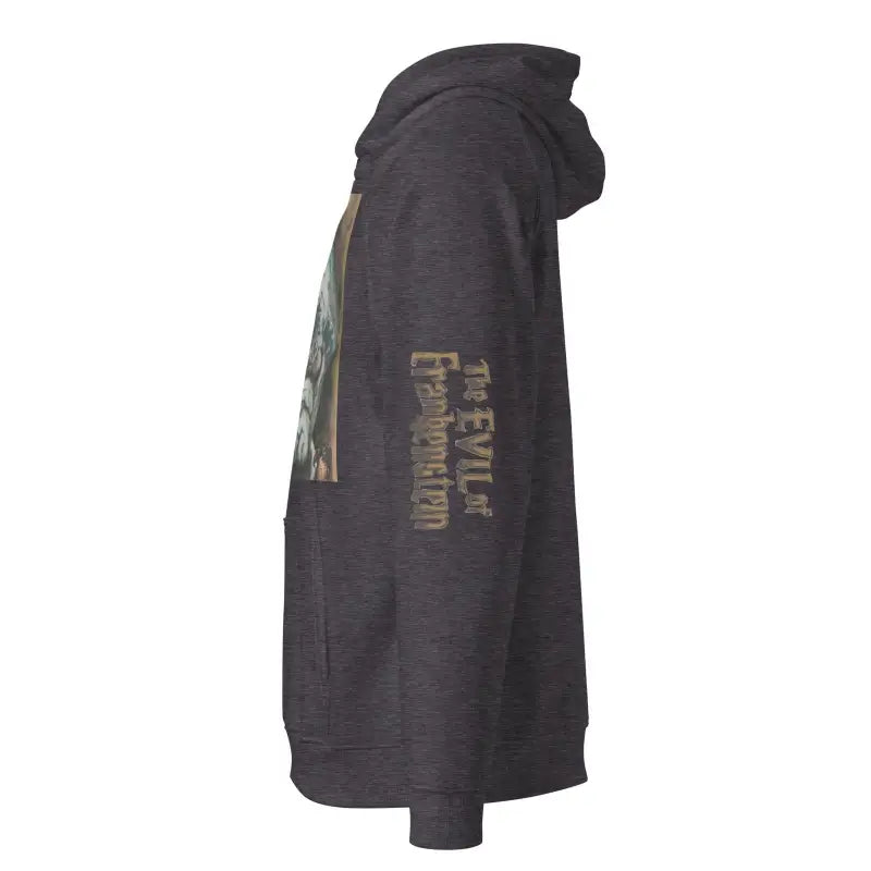 Black hooded eco raglan hoodie with camouflage accents and sleeve text design