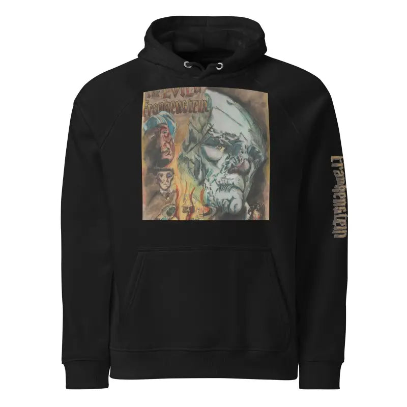 Black pullover hoodie featuring The Evil of Frankenstein graphic, ideal Halloween hoodie