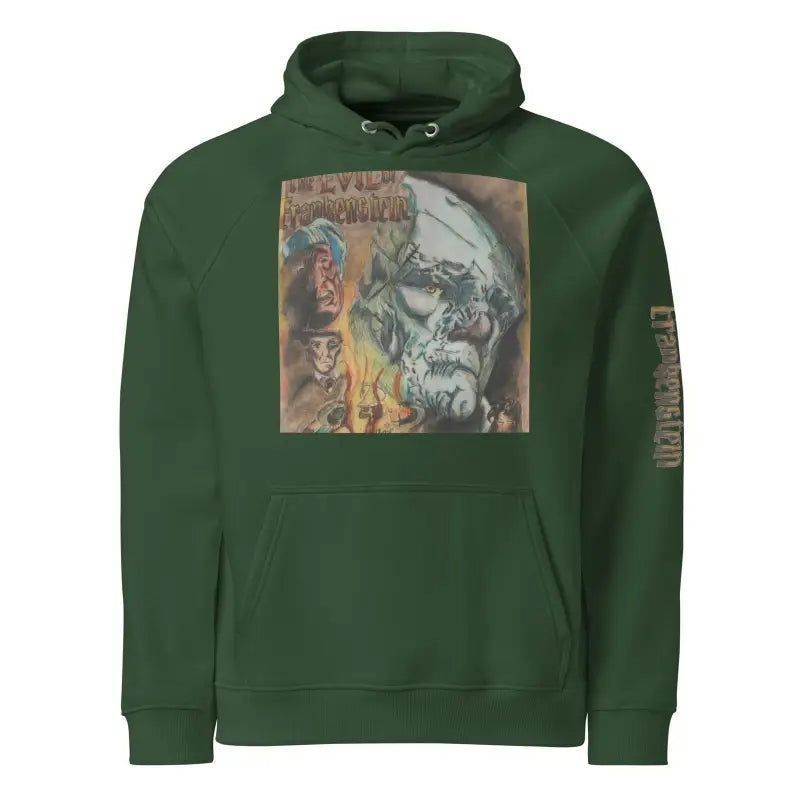 Forest green unisex eco cotton-blend hoodie featuring The Evil of Frankenstein album art