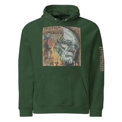 Forest green eco raglan hoodie featuring artistic album cover graphic on the front