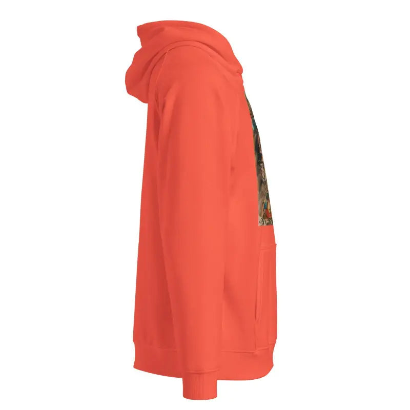 Bright orange Eco Raglan Hoodie featuring camouflage side panels for a stylish look