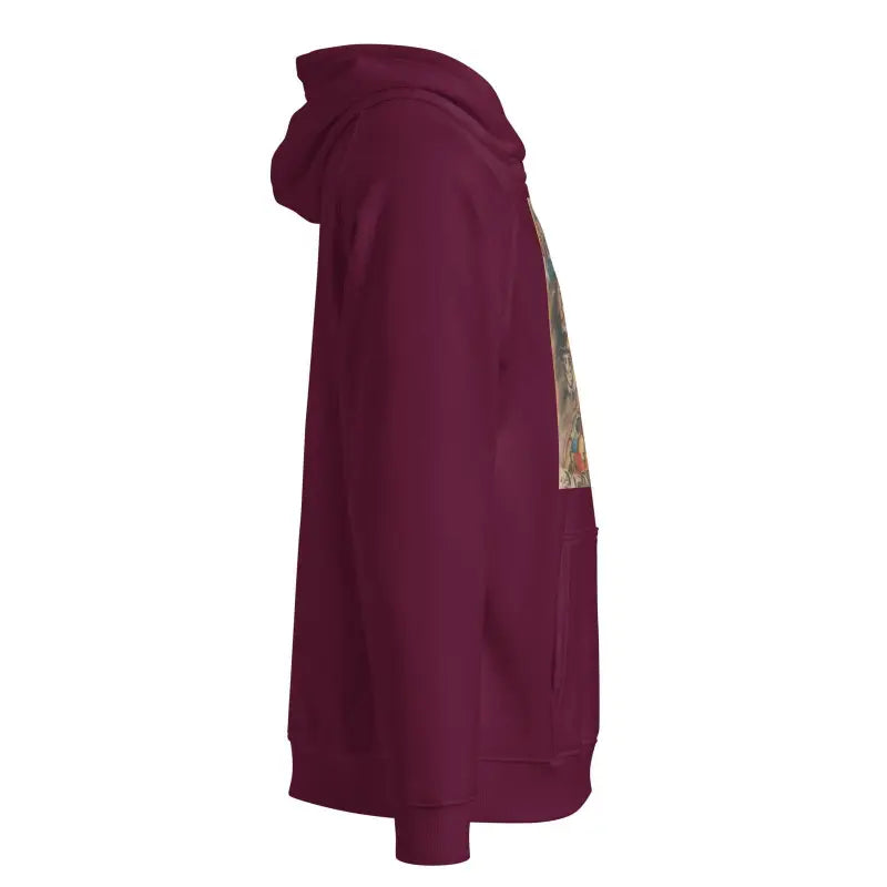 Side view of a Burgundy Eco Raglan Hoodie from the Elegance Woven in Comfort collection