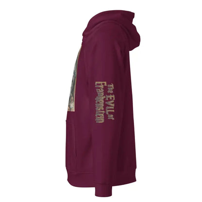 Burgundy Eco Raglan Hoodie featuring stylish text on the side for modern comfort