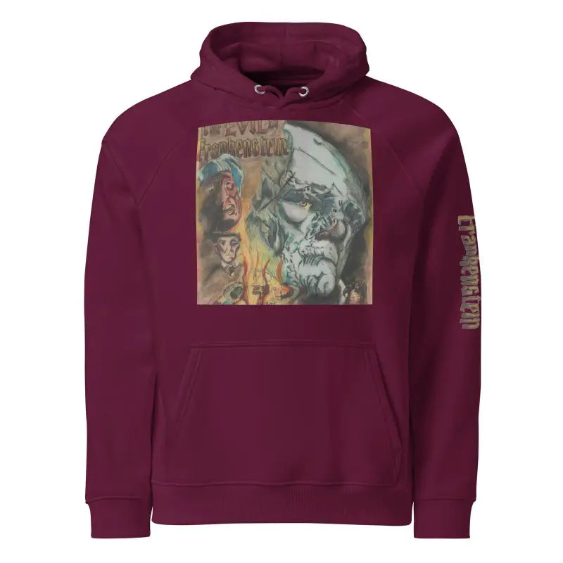 Burgundy unisex eco cotton-blend hoodie featuring The Evil of Frankenstein graphic print