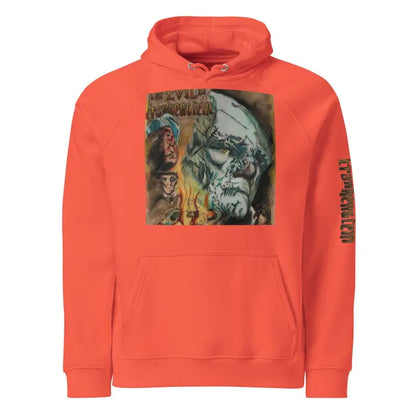 Orange Eco Raglan Hoodie showcasing dark horror-style artwork on the front