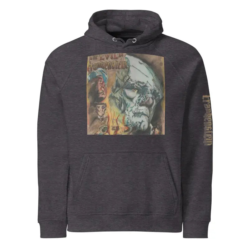 Dark gray Eco Raglan Hoodie featuring vintage horror-style album artwork graphic