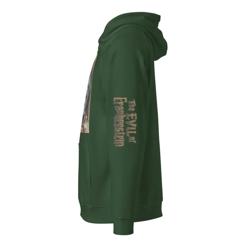 Green Eco Raglan Hoodie with stylish side text, perfect for comfort and elegance