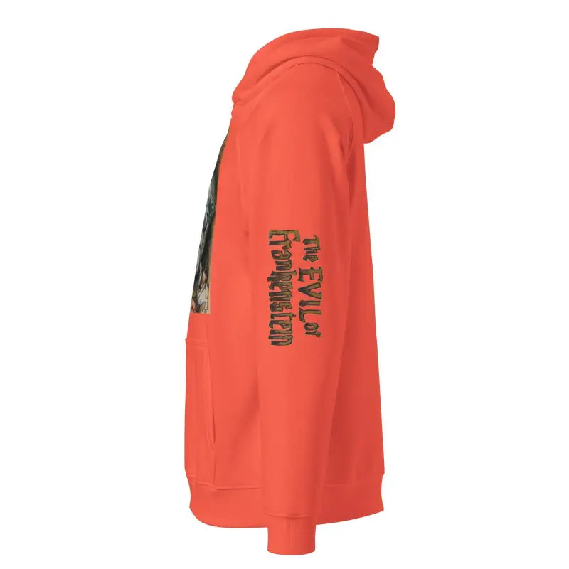 Orange unisex eco cotton-blend hoodie featuring The Evil of Frankenstein text on sleeve