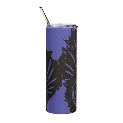 Purple insulated stainless steel tumbler with black floral design and metal straw