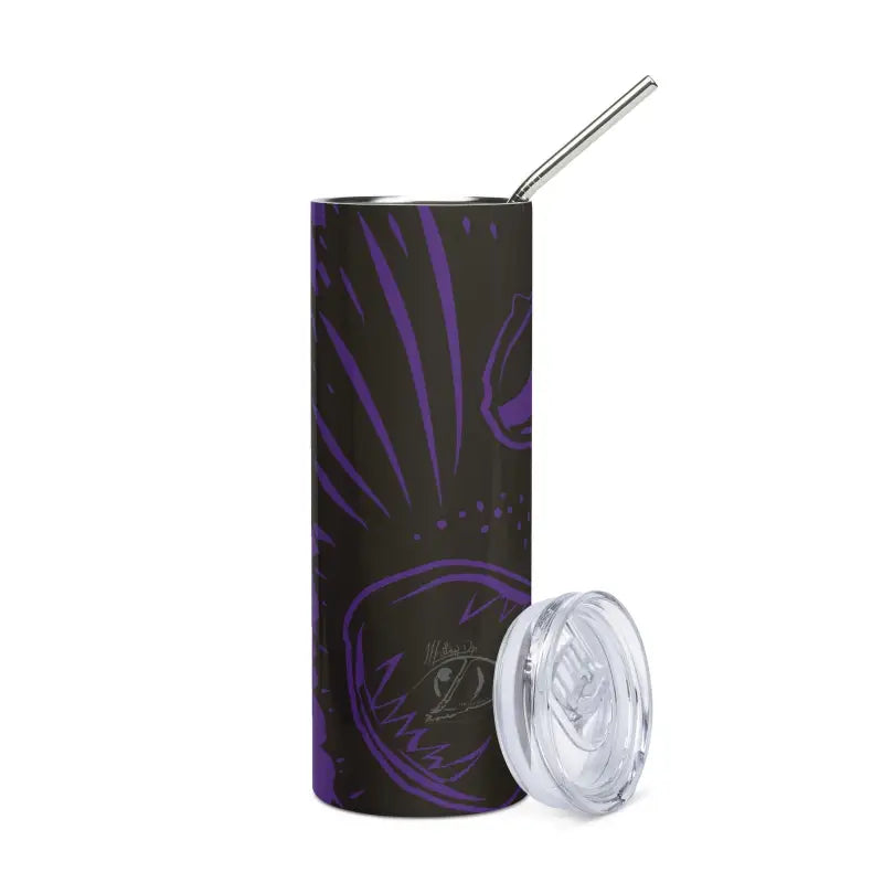 Black tumbler with purple floral design and metal straw, Kitty Head Stainless Steel