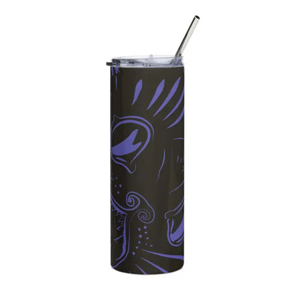 Black Kitty Head Stainless Steel Tumbler with purple swirl design and metal straw