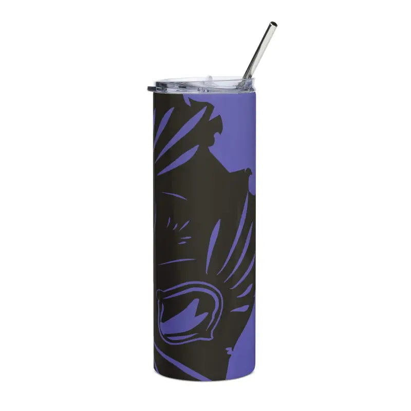 Purple and black insulated stainless steel tumbler with floral design and straw