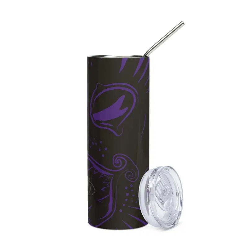 Black stainless steel tumbler with purple swirls and clear lid for stylish sipping