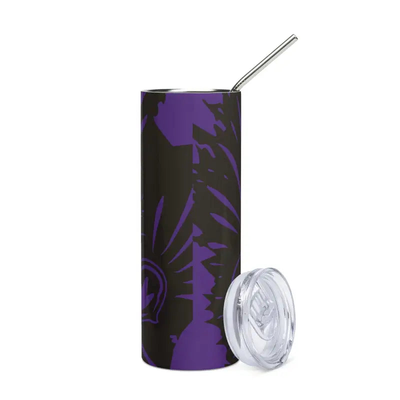 Purple and black patterned Kitty Head Stainless Steel tumbler with metal straw and lid