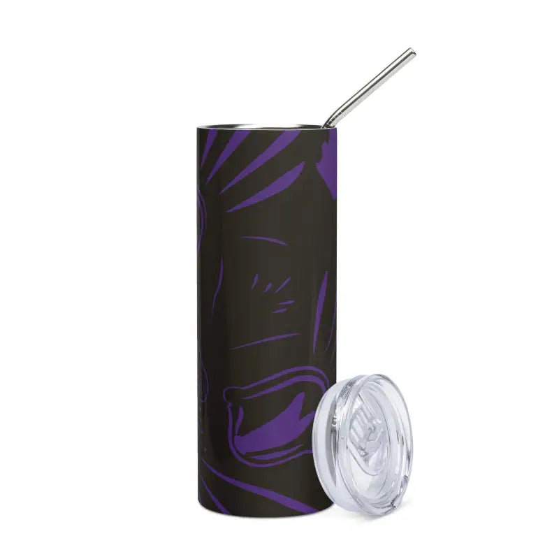 Black tumbler with purple floral pattern and metal straw, Kitty Head Stainless Steel design