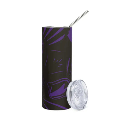 Black tumbler with purple floral pattern and metal straw, Kitty Head Stainless Steel design