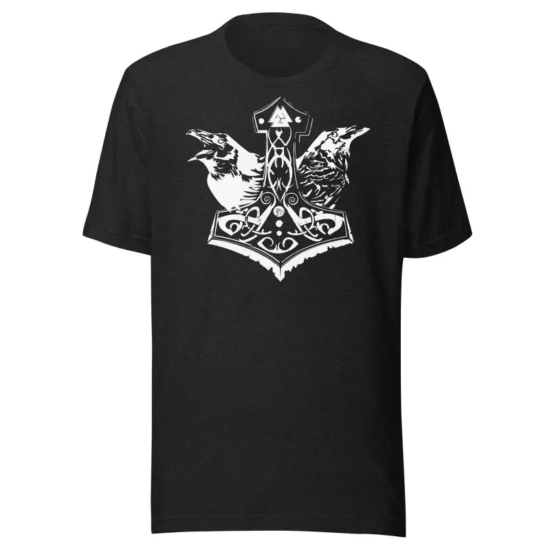 Black preshrunk jersey t-shirt with white Mjölnir & ravens Norse-style design