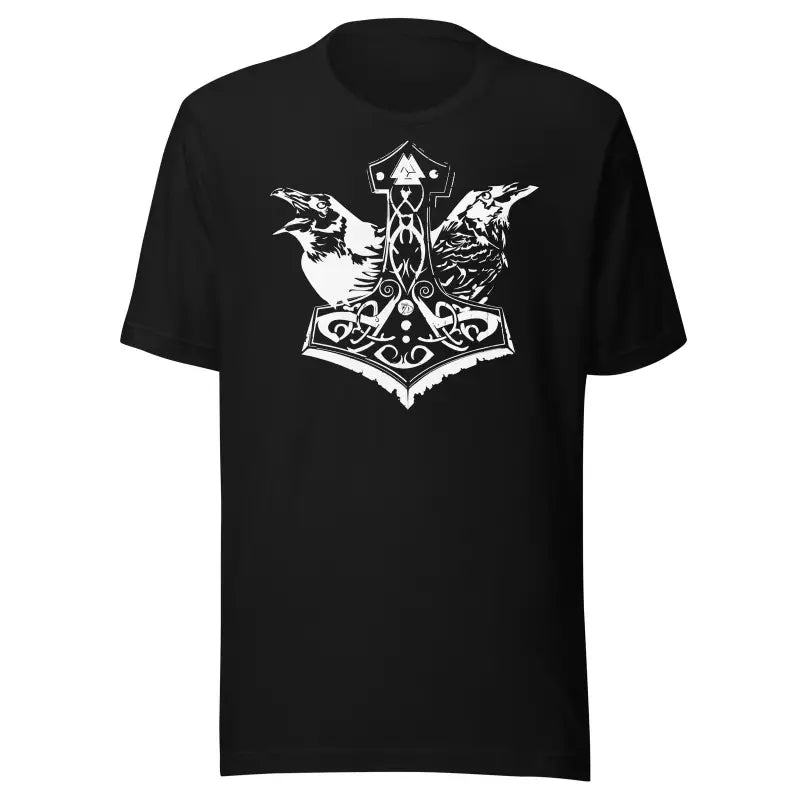 Black T-shirt featuring Matthew Dye’s white Mjölnir & ravens design for Norse heritage