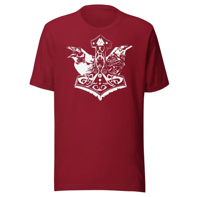 Red t-shirt showcasing Matthew Dye’s White Mjölnir & Ravens Norse design