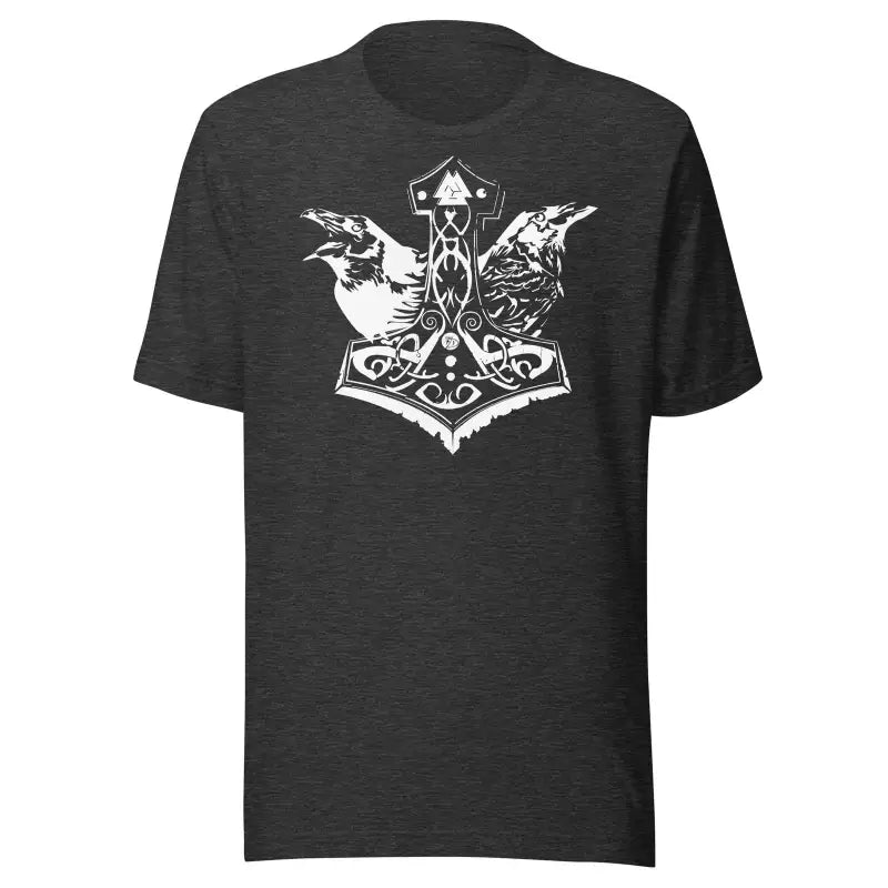 Black preshrunk jersey t-shirt featuring white Mjölnir & ravens Norse-style design