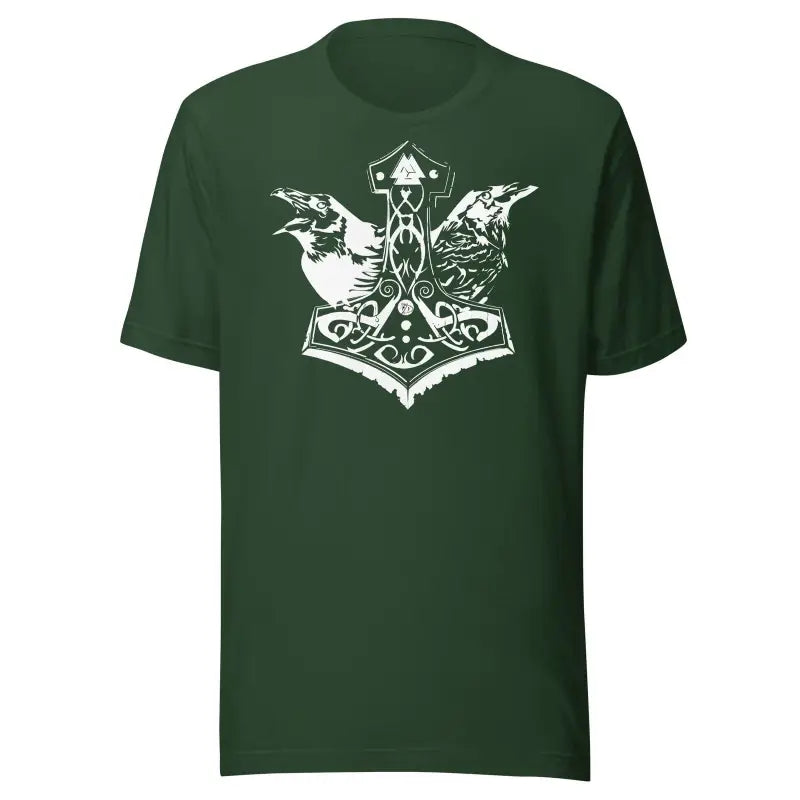 Dark green t-shirt featuring Matthew Dye’s white Mjölnir & ravens Norse design