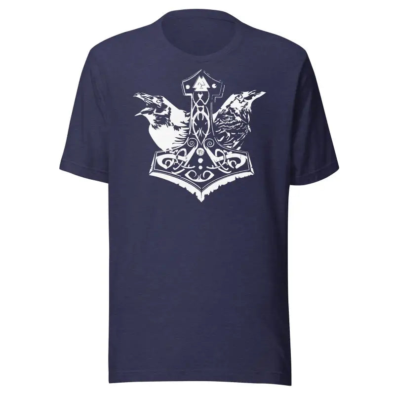 Navy blue preshrunk jersey t-shirt with white Mjölnir & ravens design for Thor enthusiasts