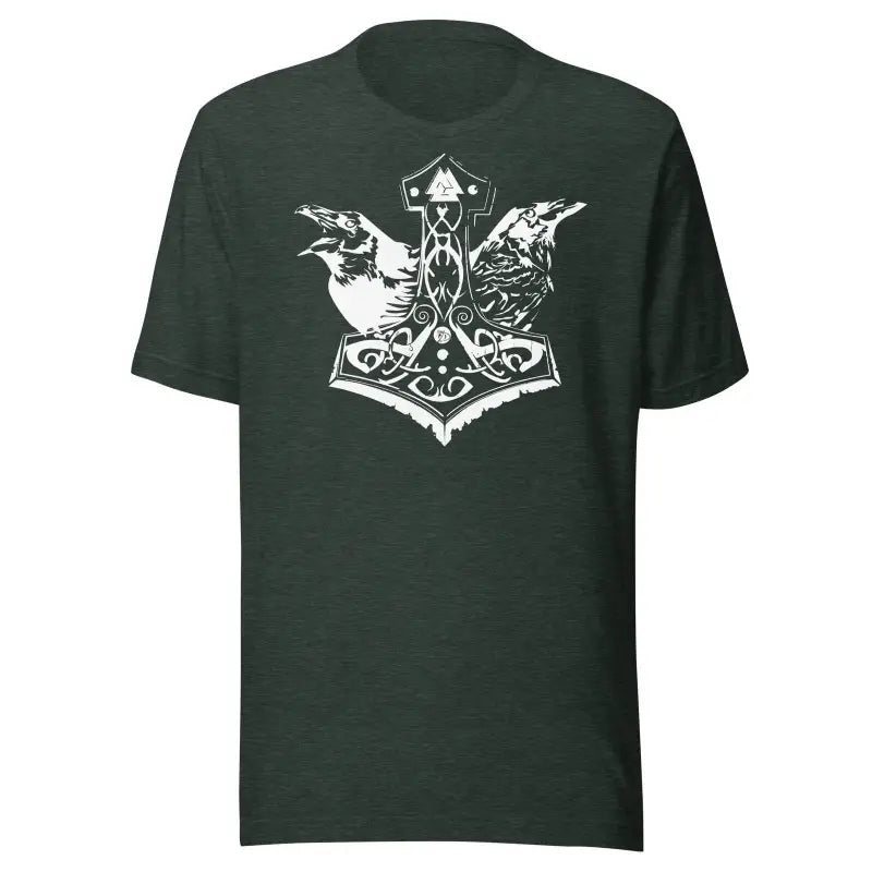 Dark green t-shirt with white Mjölnir & ravens design by Matthew Dye for Norse heritage